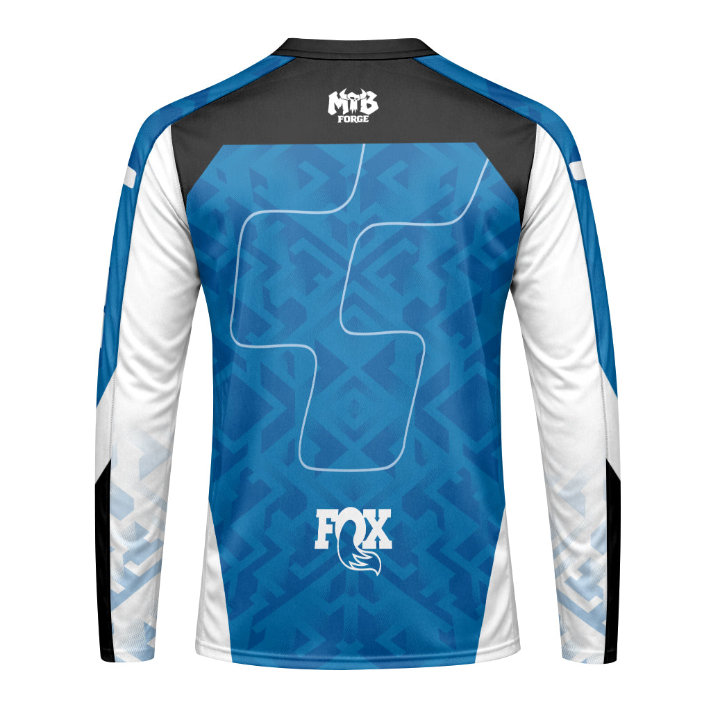 Cube Fox Blue Black Factory Long Sleeve Mountain Bike Jersey - back view mockup