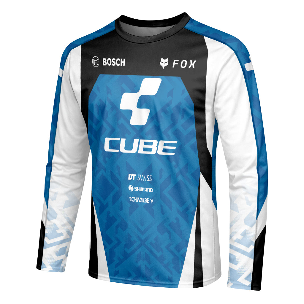 Cube Fox Blue Black Factory Long Sleeve Mountain Bike Jersey - left side mockup
