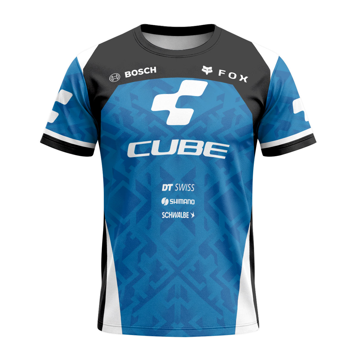 Cube Fox Blue Black Factory Short Sleeve Mountain Bike Jersey - front view mockup