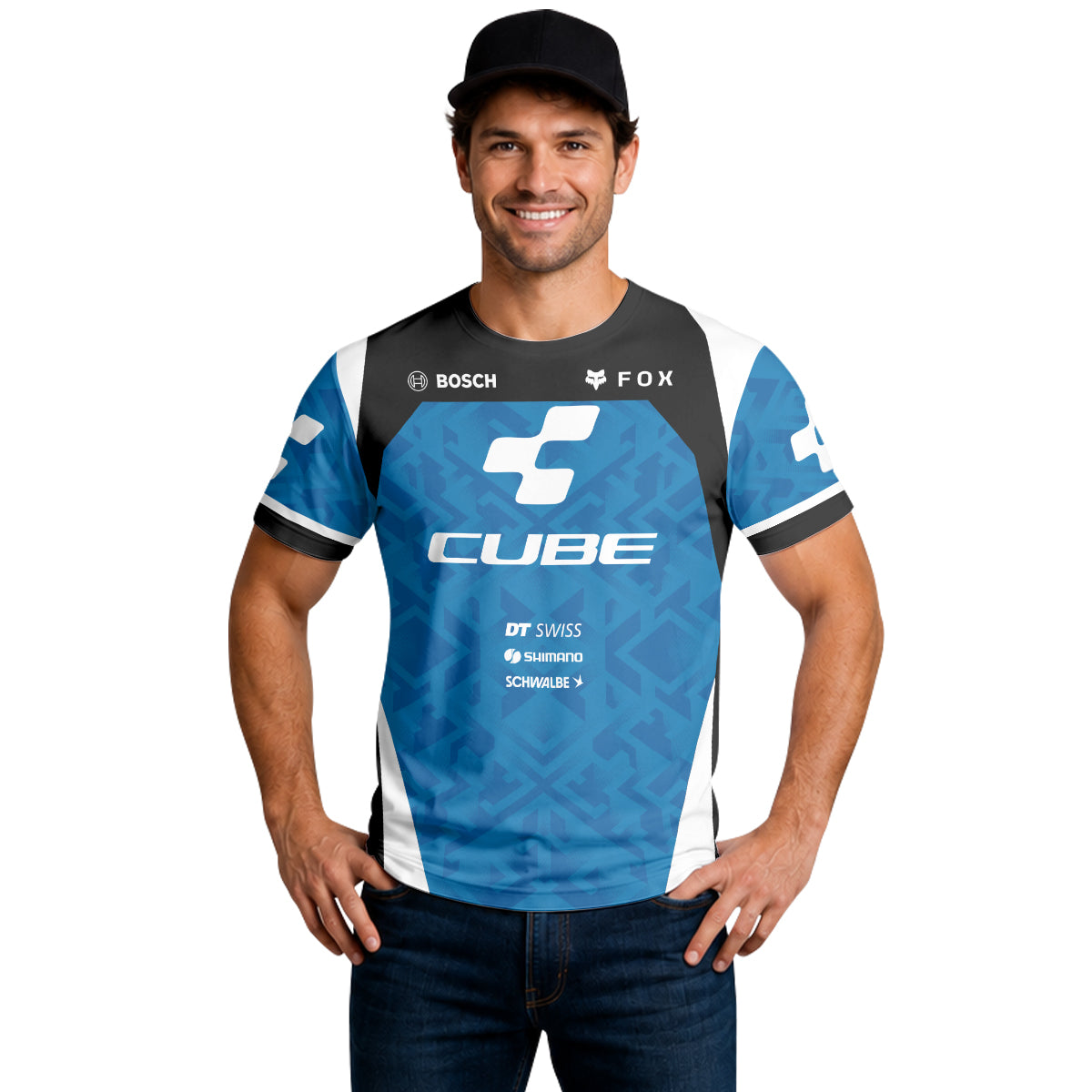 Cube Fox Blue Black Factory Short Sleeve Mountain Bike Jersey - lifestyle view