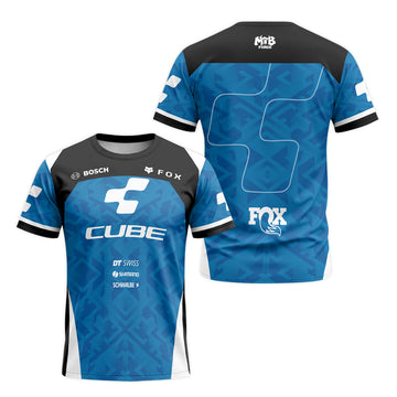 Cube Fox Blue Black Factory Short Sleeve Mountain Bike Jersey - front and back view