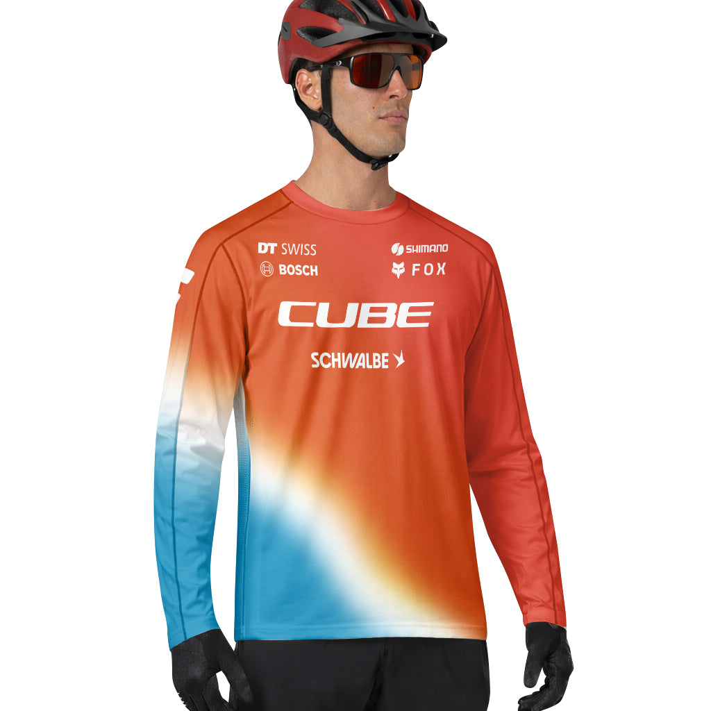 Cube Fox Orange Blue Factory Long Sleeve Mountain Bike Jersey - lifestyle view