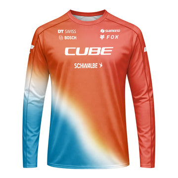 Cube Fox Orange Blue Factory Long Sleeve Mountain Bike Jersey - front view mockup