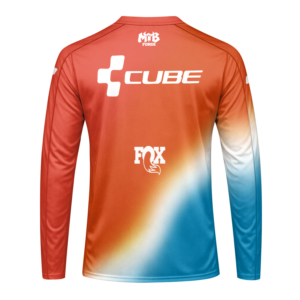 Cube Fox Orange Blue Factory Long Sleeve Mountain Bike Jersey - back view mockup