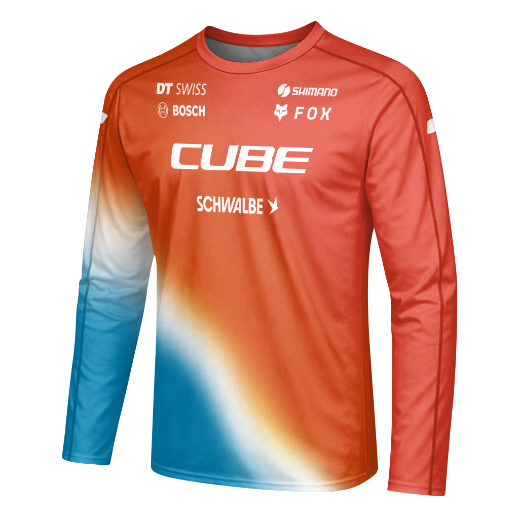 Cube Fox Orange Blue Factory Long Sleeve Mountain Bike Jersey - left side mockup