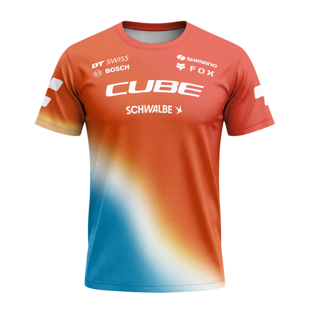 Cube Fox Orange Blue Factory Short Sleeve Mountain Bike Jersey - front view mockup