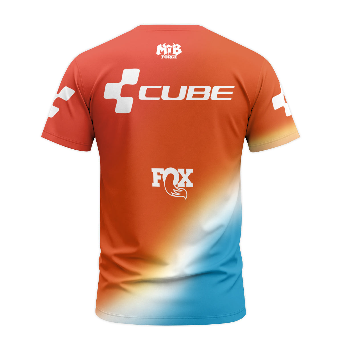 Cube Fox Orange Blue Factory Short Sleeve Mountain Bike Jersey - back view mockup