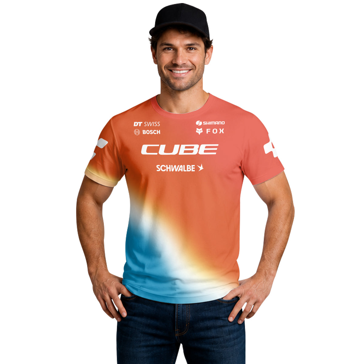 Cube Fox Orange Blue Factory Short Sleeve Mountain Bike Jersey - lifestyle view