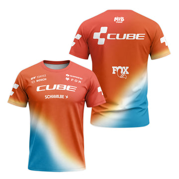 Cube Fox Orange Blue Factory Short Sleeve Mountain Bike Jersey - front and back view
