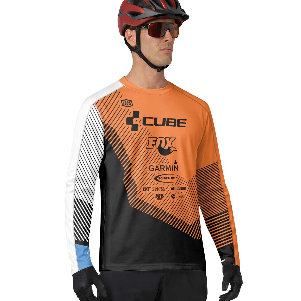 Cube Garmin Orange Black Factory Team Long Sleeve Mountain Bike Jersey - lifestyle view