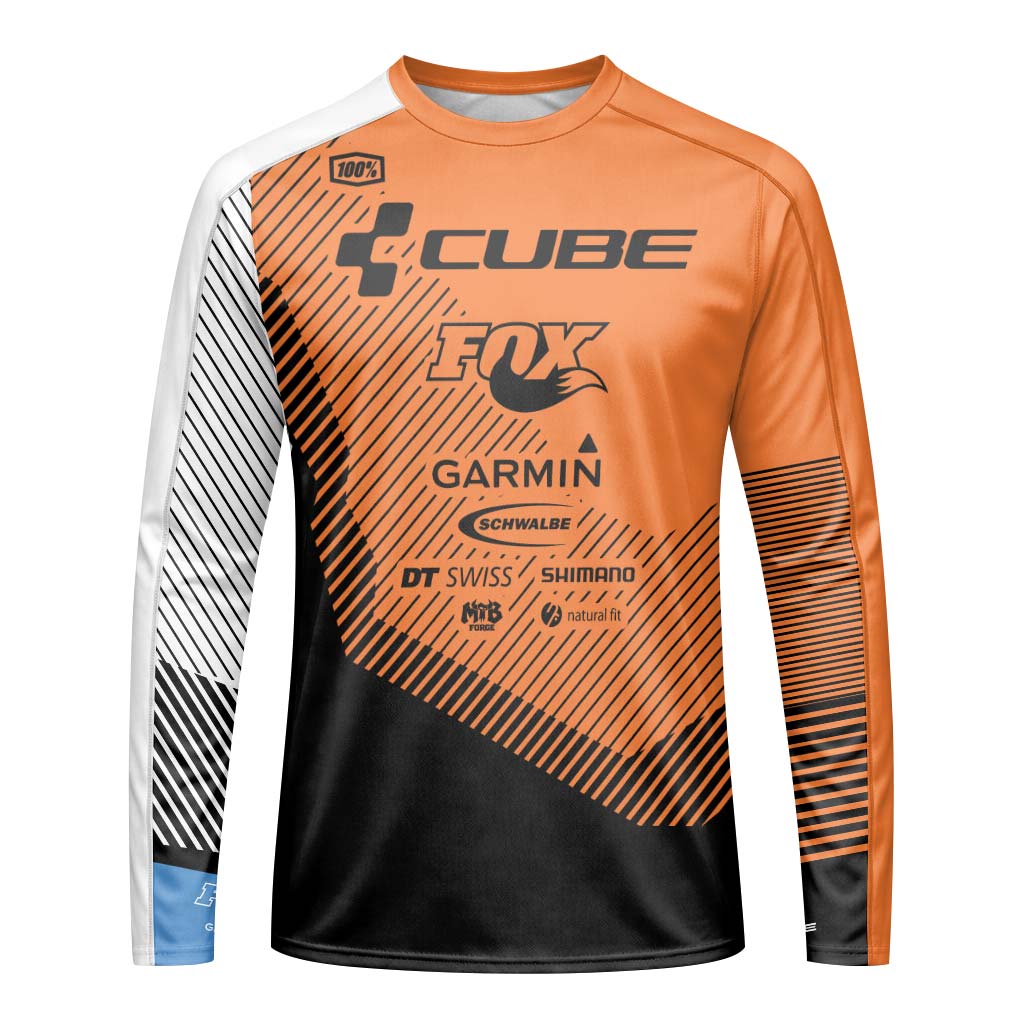 Cube Garmin Orange Black Factory Team Long Sleeve Mountain Bike Jersey - front view mockup
