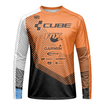 Cube Garmin Orange Black Factory Team Long Sleeve Mountain Bike Jersey - front view mockup