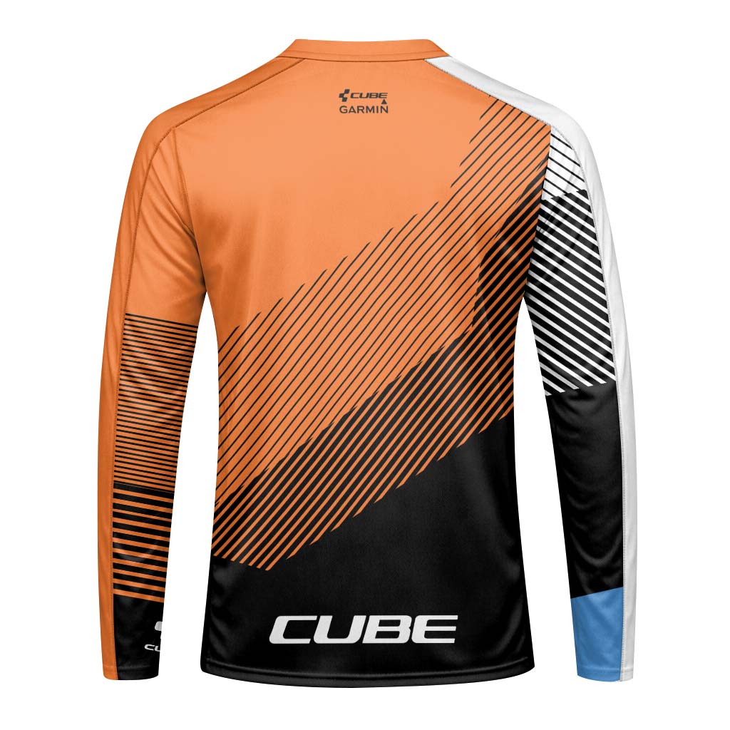 Cube Garmin Orange Black Factory Team Long Sleeve Mountain Bike Jersey - back view mockup