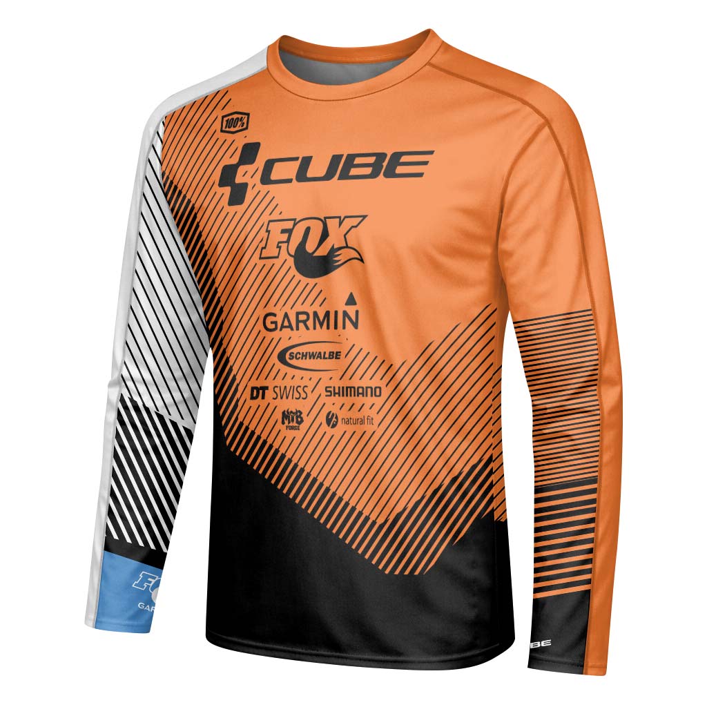 Cube Garmin Orange Black Factory Team Long Sleeve Mountain Bike Jersey - left side mockup