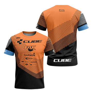 Cube Garmin Orange Black Factory Team Short Sleeve Mountain Bike Jersey - front and back view