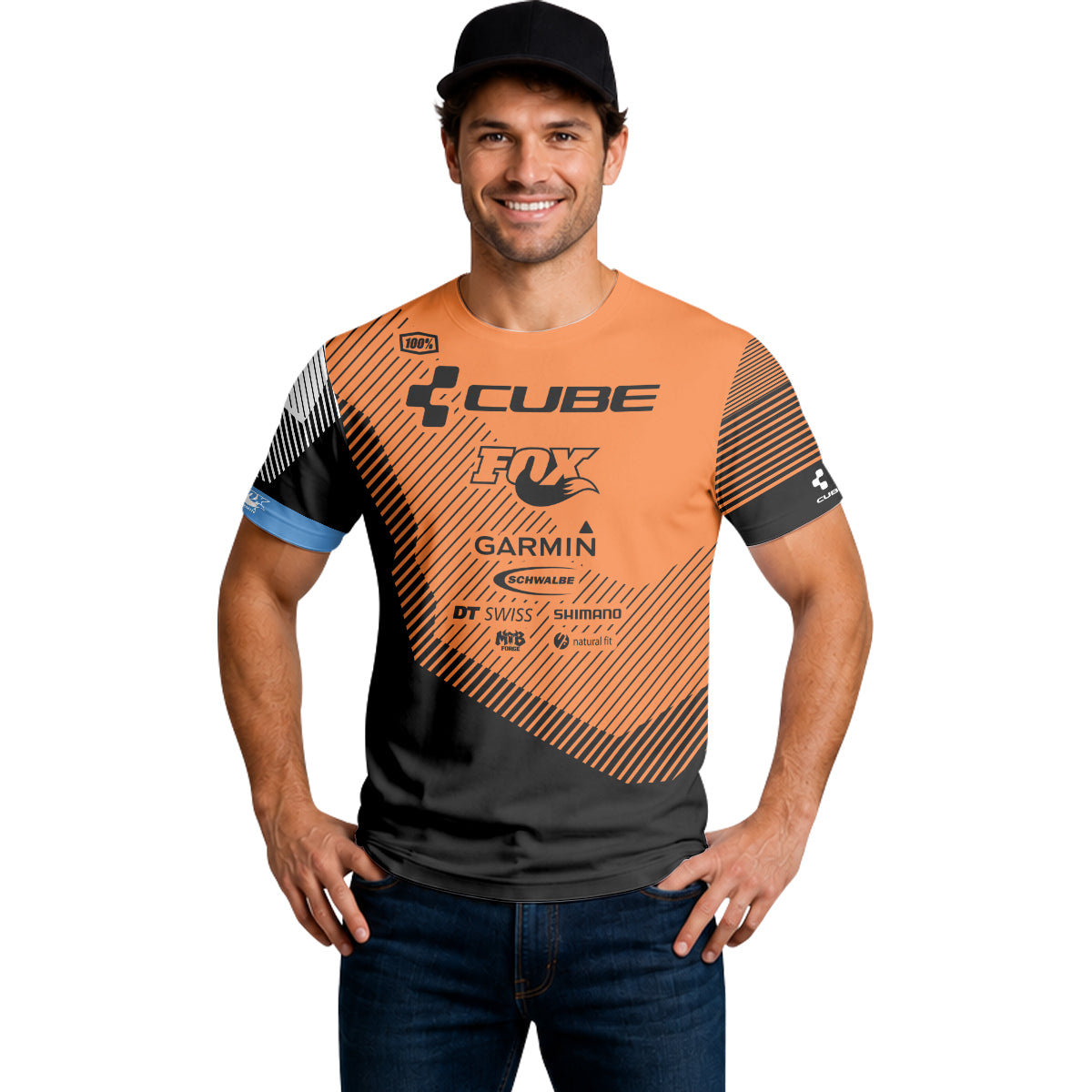 Cube Garmin Orange Black Factory Team Short Sleeve Mountain Bike Jersey - lifestyle view