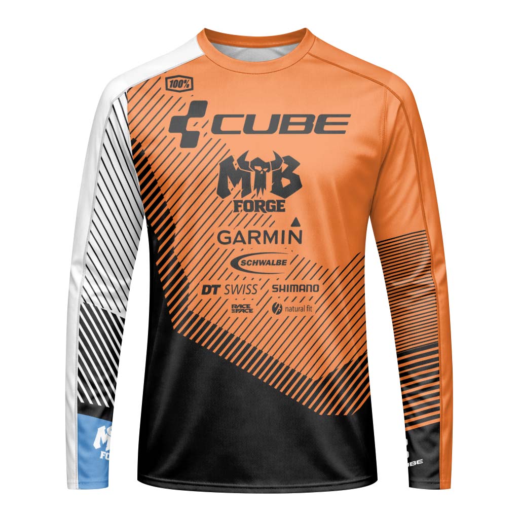Cube Garmin Orange Black Factory Team Youth Long Sleeve Mountain Bike Jersey – Front View Mockup