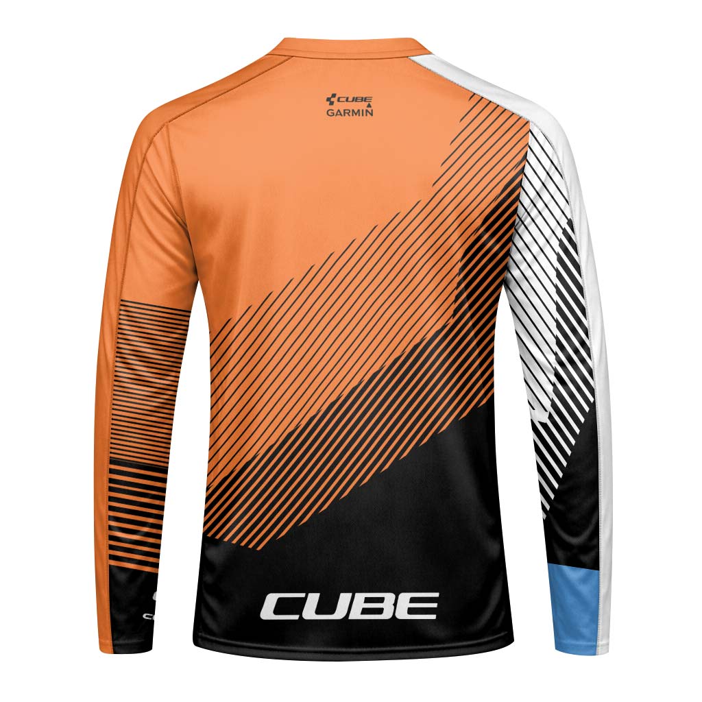 Cube Garmin Orange Black Factory Team Youth Long Sleeve Mountain Bike Jersey – Back View Mockup