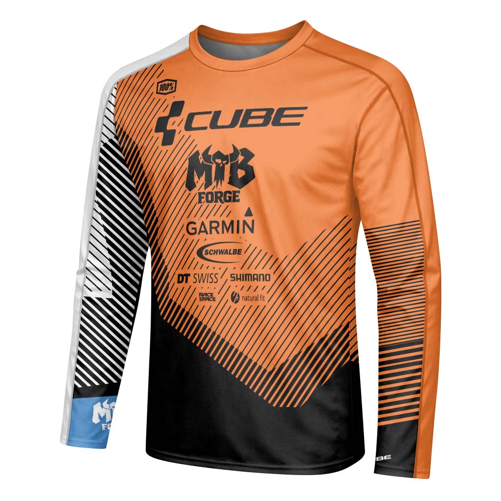 Cube Garmin Orange Black Factory Team Youth Long Sleeve Mountain Bike Jersey – Left Side View Mockup