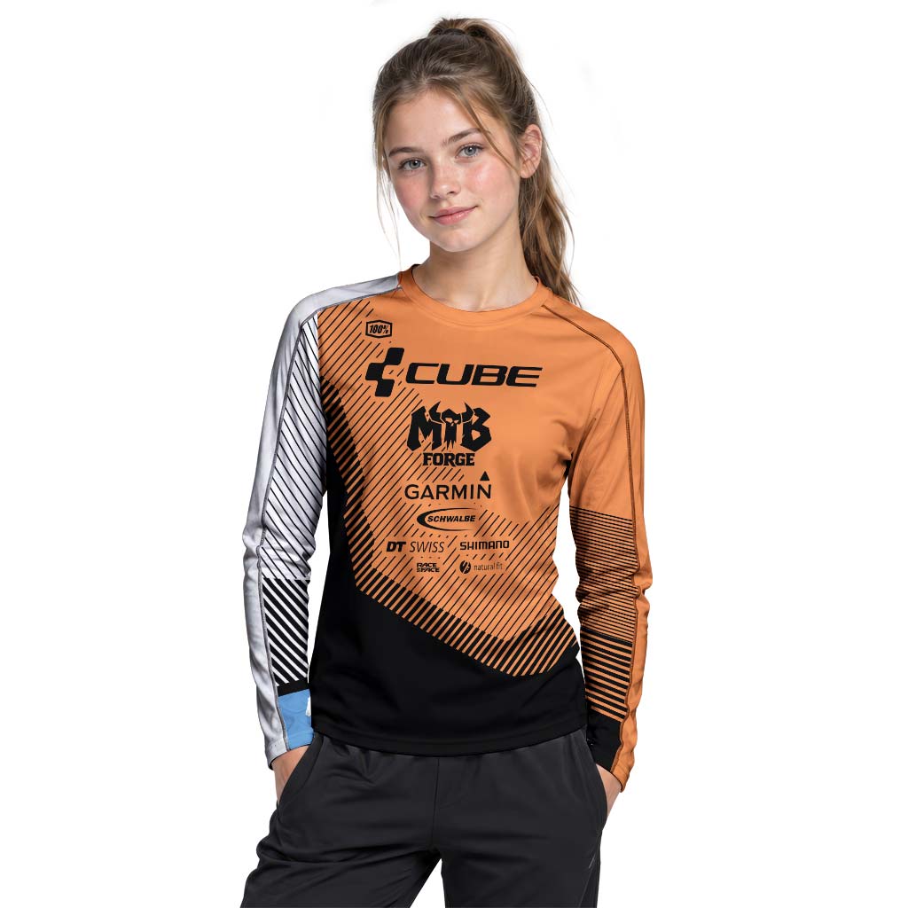 Cube Garmin Orange Black Factory Team Youth Long Sleeve Mountain Bike Jersey – Girl Lifestyle View
