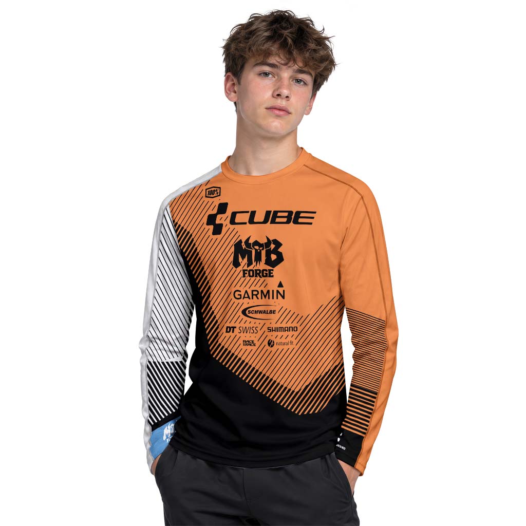 Cube Garmin Orange Black Factory Team Youth Long Sleeve Mountain Bike Jersey – Boy Lifestyle View