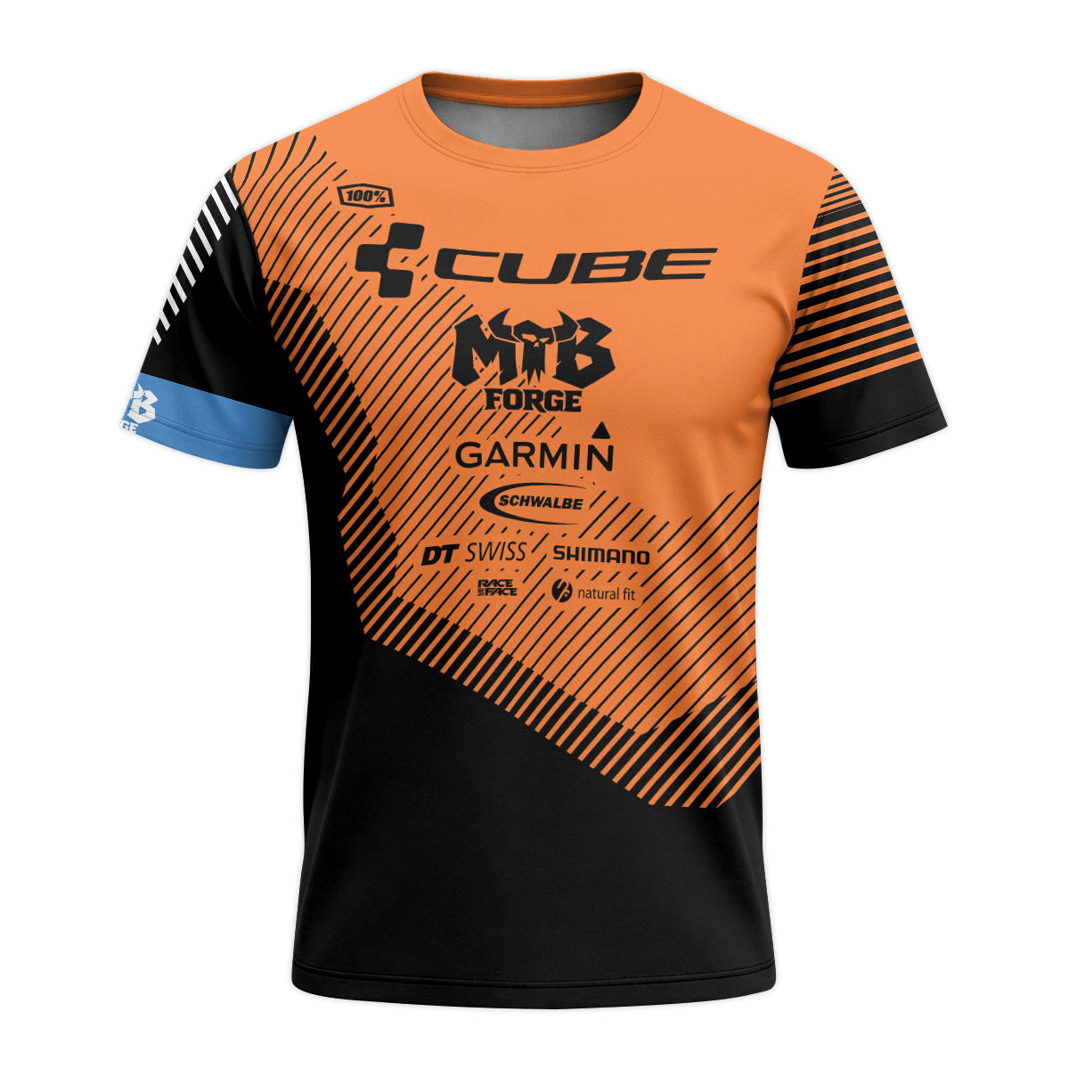 Cube Garmin Orange Black Factory Team Youth Short Sleeve Mountain Bike Jersey – Front View Mockup