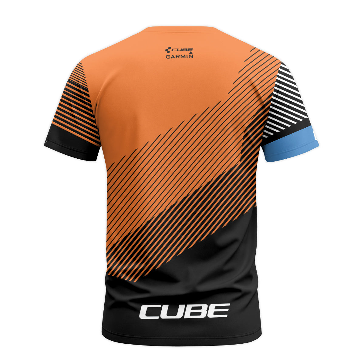 Cube Garmin Orange Black Factory Team Youth Short Sleeve Mountain Bike Jersey – Back View Mockup