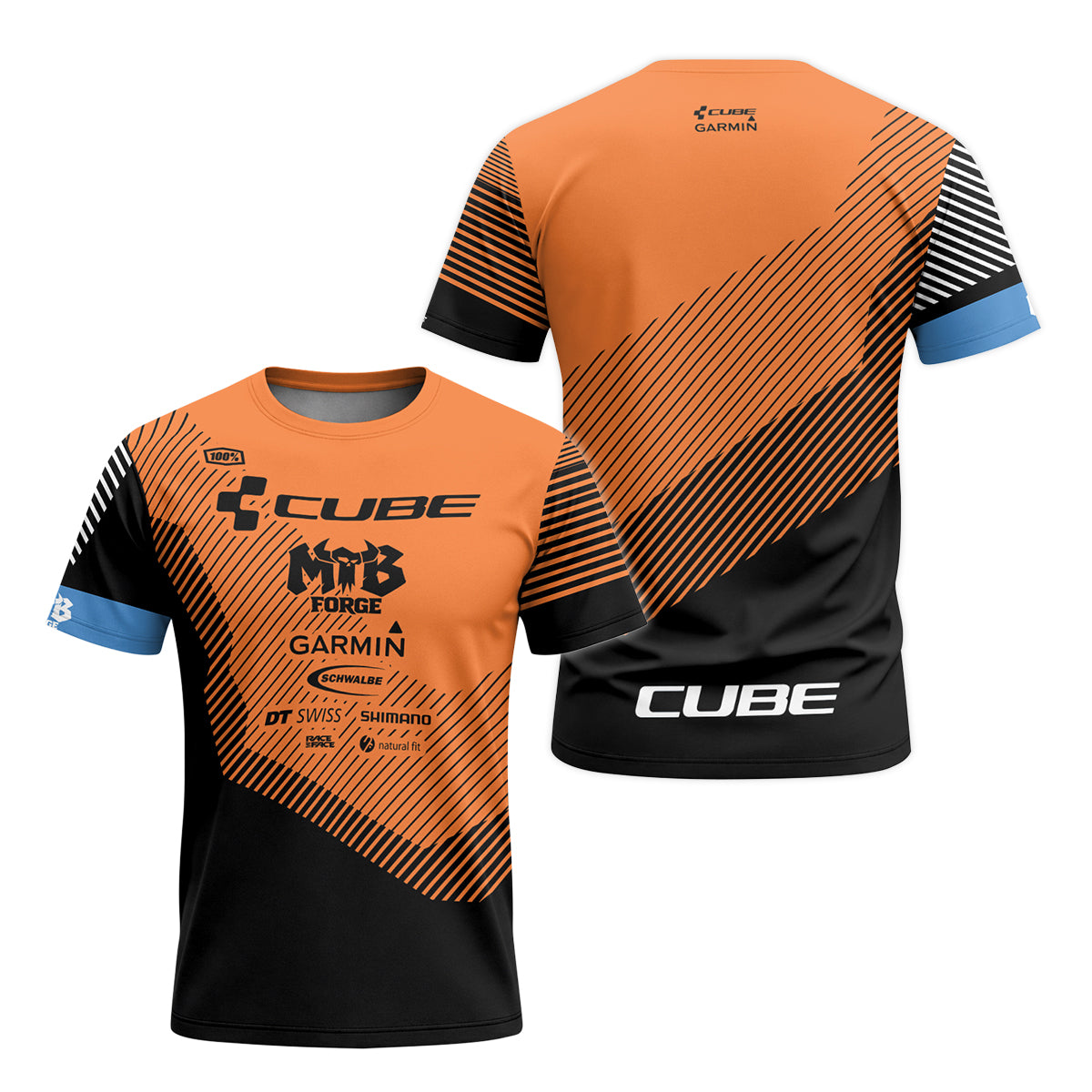 Cube Garmin Orange Black Factory Team Youth Short Sleeve Mountain Bike Jersey – Front and Back View