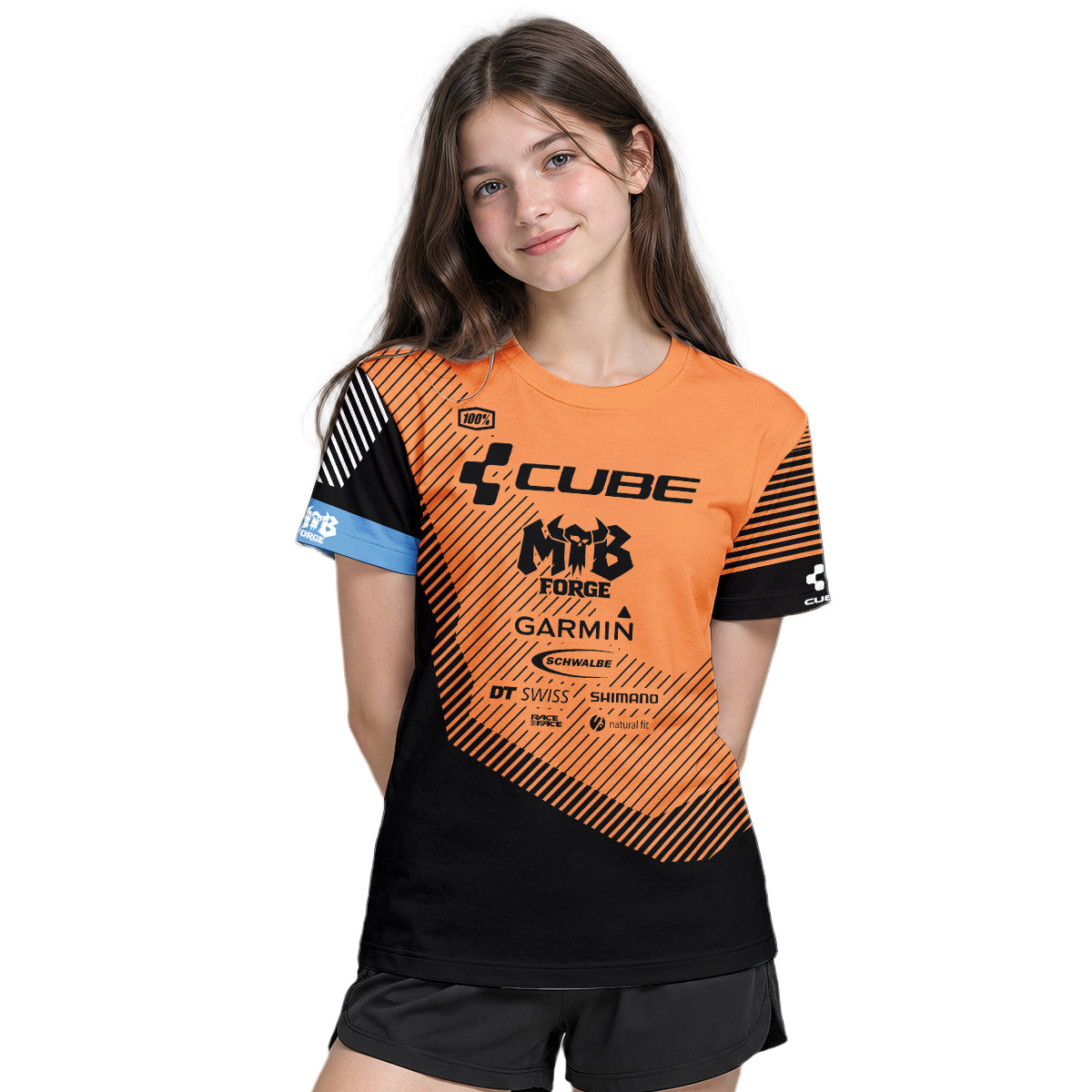 Cube Garmin Orange Black Factory Team Youth Short Sleeve Mountain Bike Jersey – Girl Lifestyle View