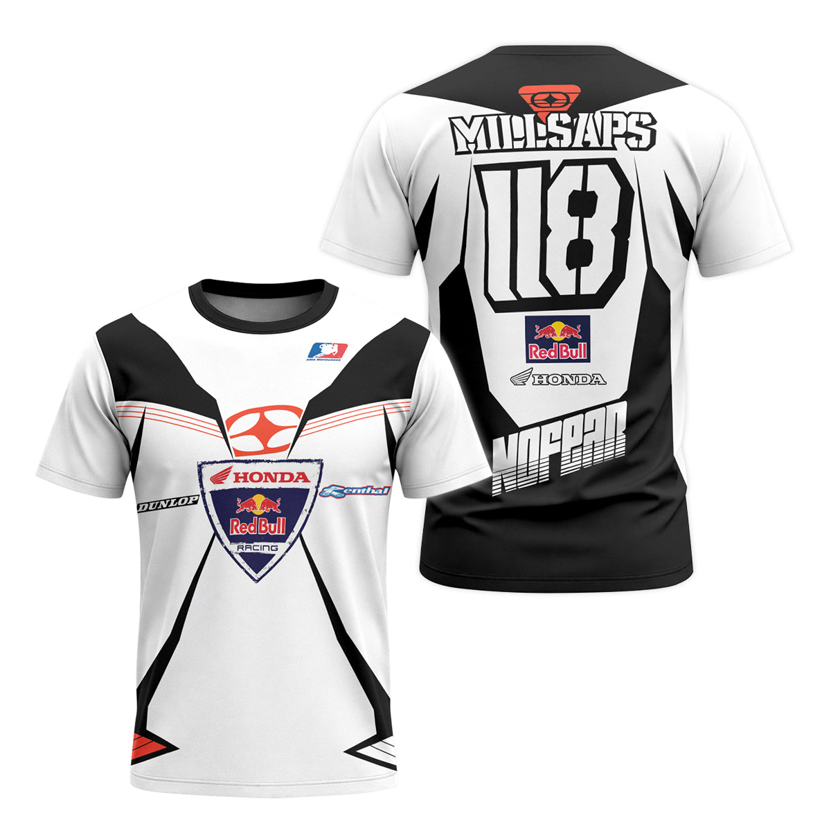 Davi Millsaps #118 Red Bull Honda Black White Short Sleeve Motocross Jersey – Front and Back View