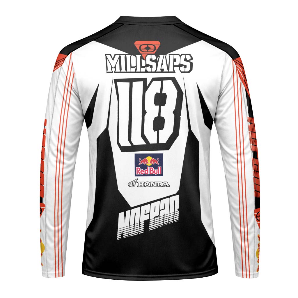 Davi Millsaps #118 Red Bull Honda Black White Youth Long Sleeve Motocross Jersey – Back View Mockup