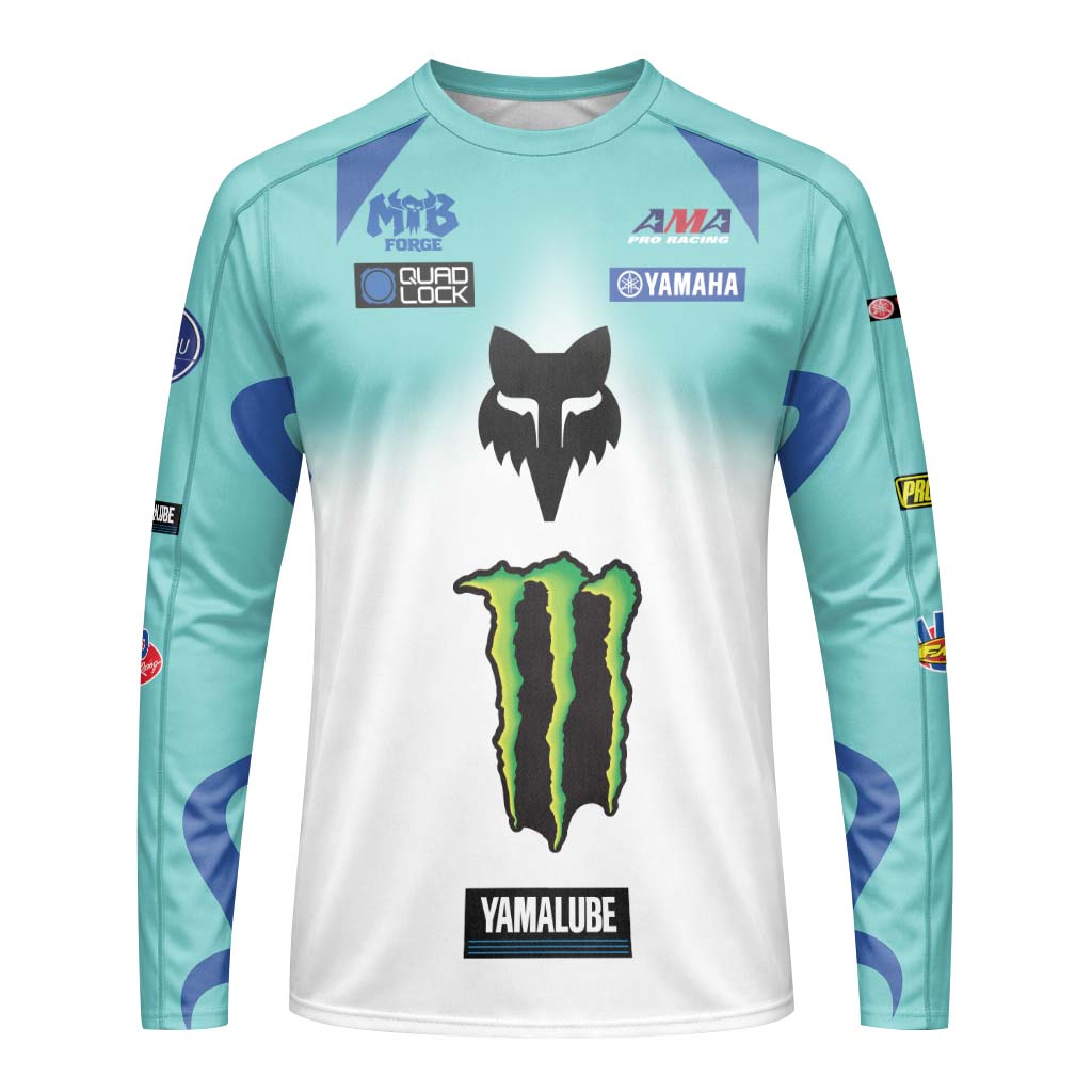 Deegan 1W Monster Energy Yamaha White Aqua Long Sleeve Motocross Jersey - front view mockup