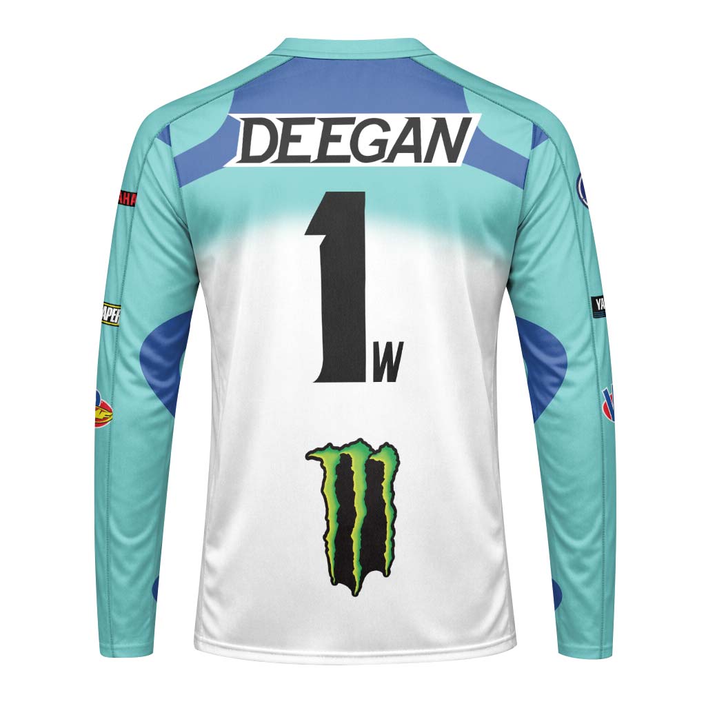 Deegan 1W Monster Energy Yamaha White Aqua Long Sleeve Motocross Jersey - front view mockup