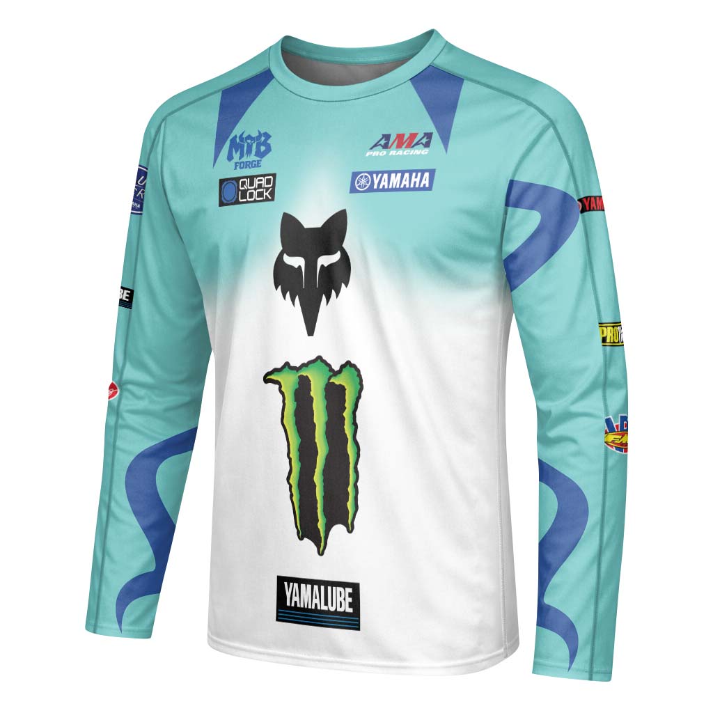 Deegan 1W Monster Energy Yamaha White Aqua Long Sleeve Motocross Jersey - left side mockup