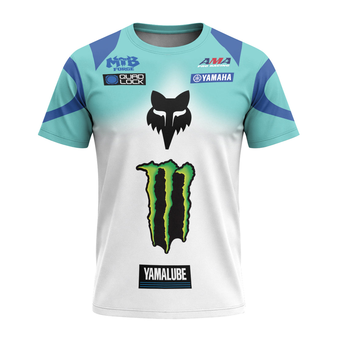 Deegan 1W Monster Energy Yamaha White Aqua Short Sleeve Motocross Jersey - front and back view