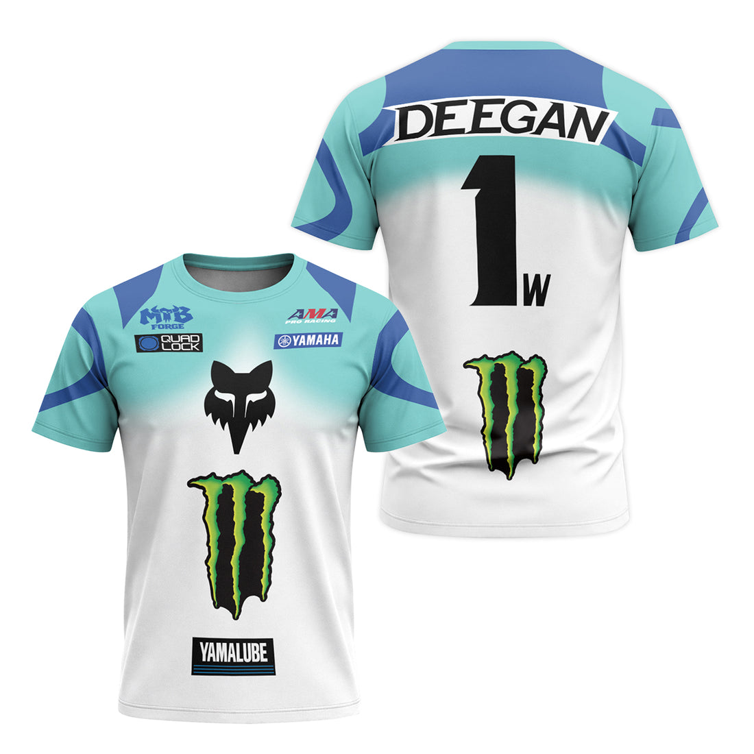 Deegan 1W Monster Energy Yamaha White Aqua Short Sleeve Motocross Jersey - front and back view