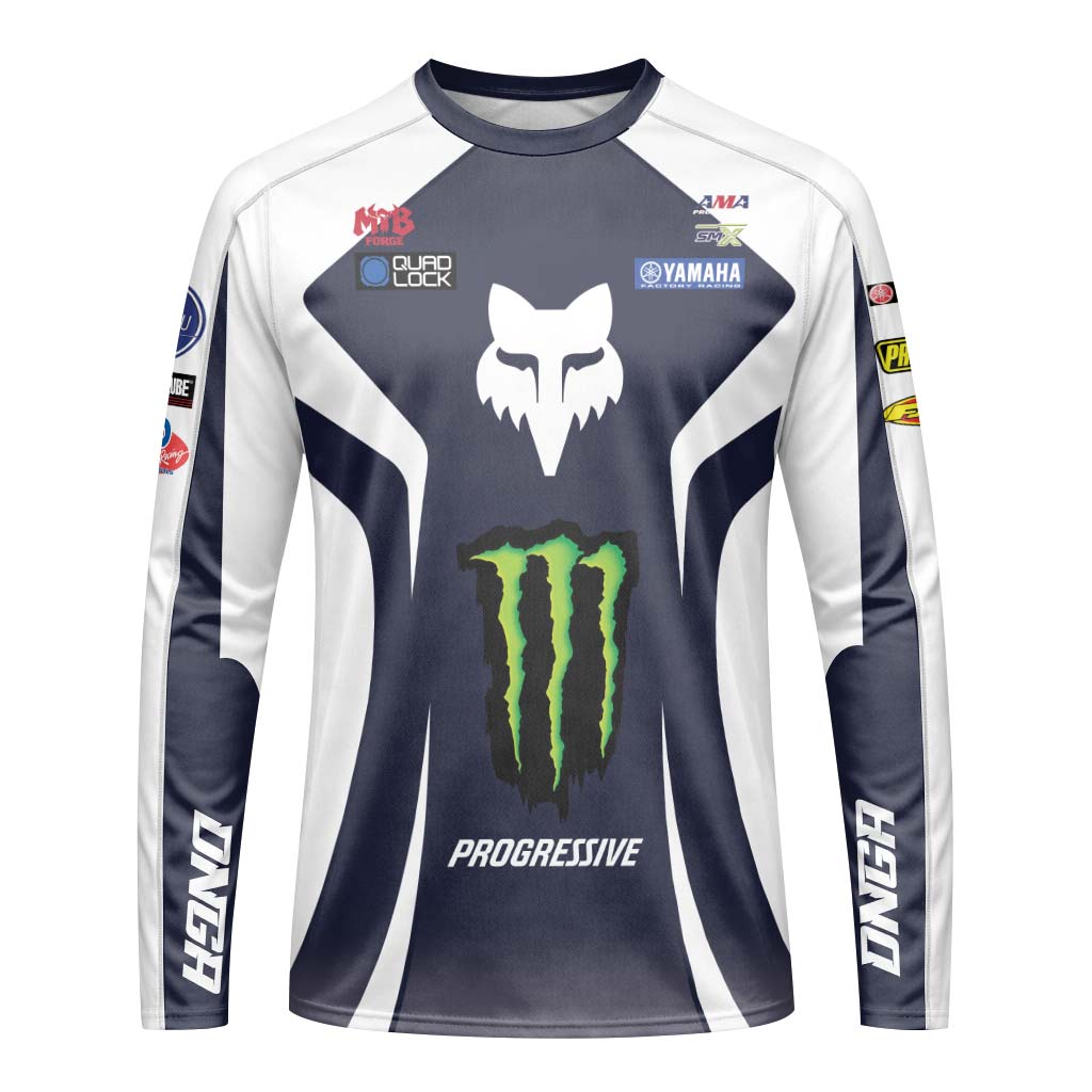 Deegan 1W Monster Yamaha White Navy Long Sleeve Motocross Jersey - front view mockup