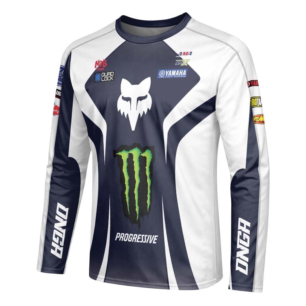 Deegan 1W Monster Yamaha White Navy Long Sleeve Motocross Jersey - left side mockup
