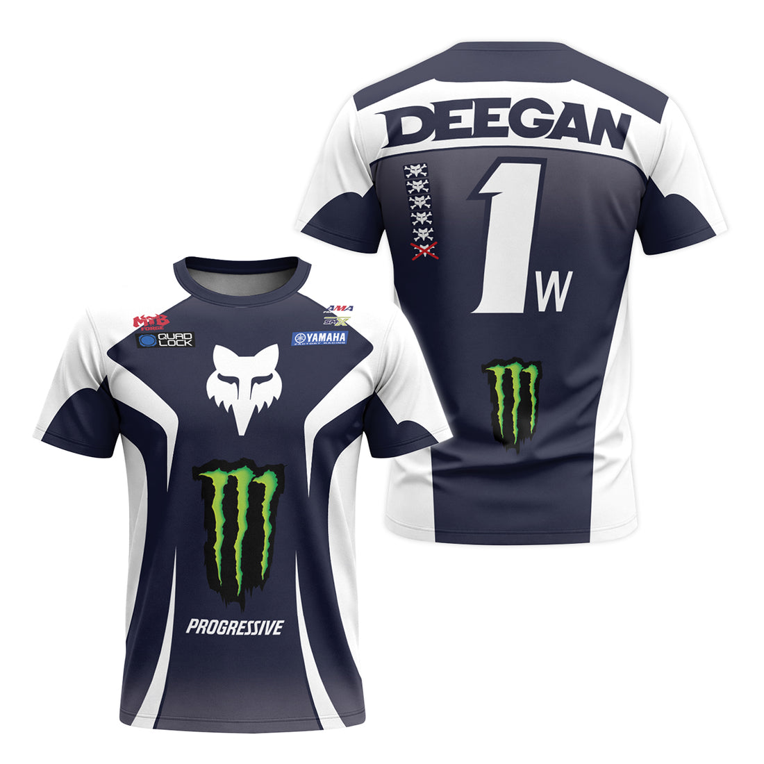 Deegan 1W Monster Yamaha White Navy Short Sleeve Motocross Jersey - front and back view