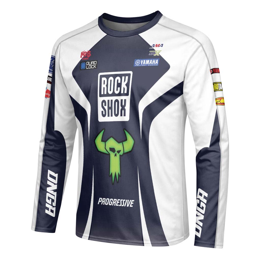 Deegan 1W Yamaha White Navy Long Sleeve Motocross Jersey – Left Side View Mockup