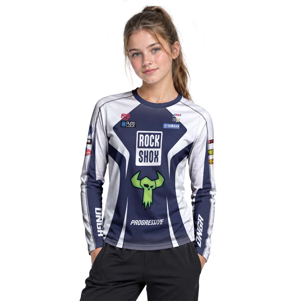 Deegan 1W Yamaha White Navy Youth Long Sleeve Motocross Jersey – Girl Lifestyle View