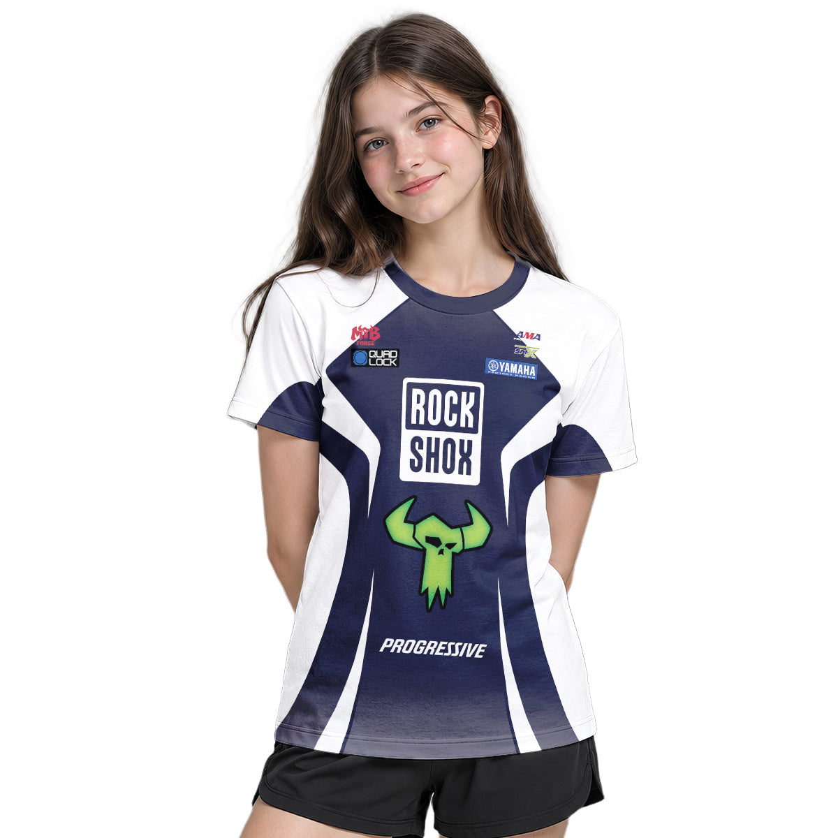 Deegan 1W Yamaha White Navy Youth Short Sleeve Motocross Jersey – Girl Lifestyle View