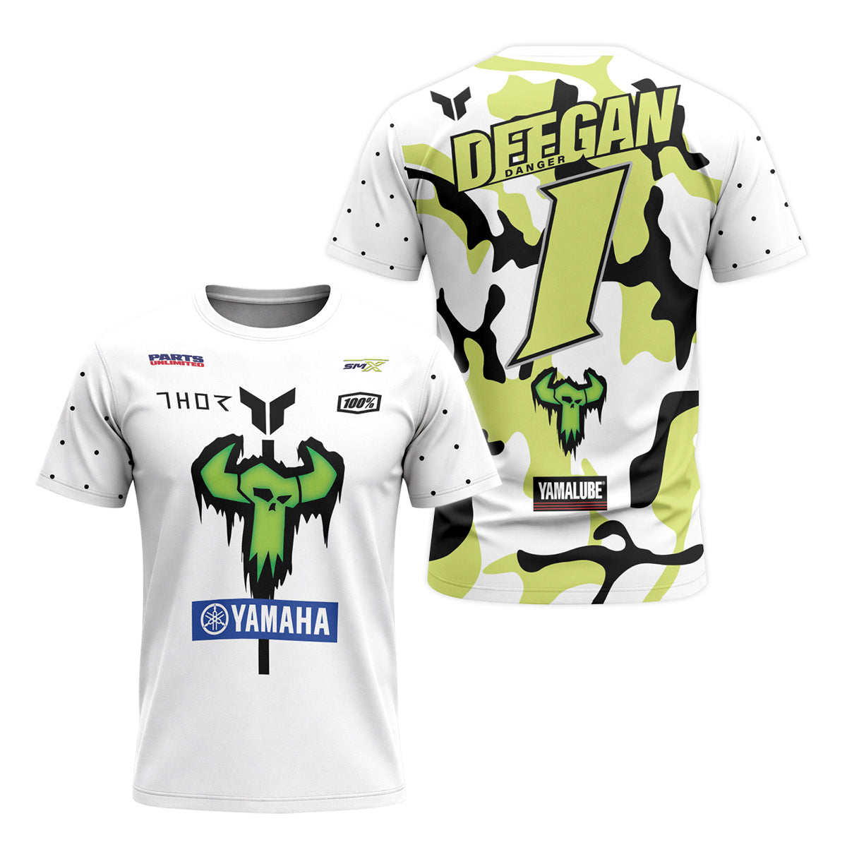 Deegan Danger 1 Yamaha White Neon Camo Youth Short Sleeve Motocross Jersey – Front and Back View