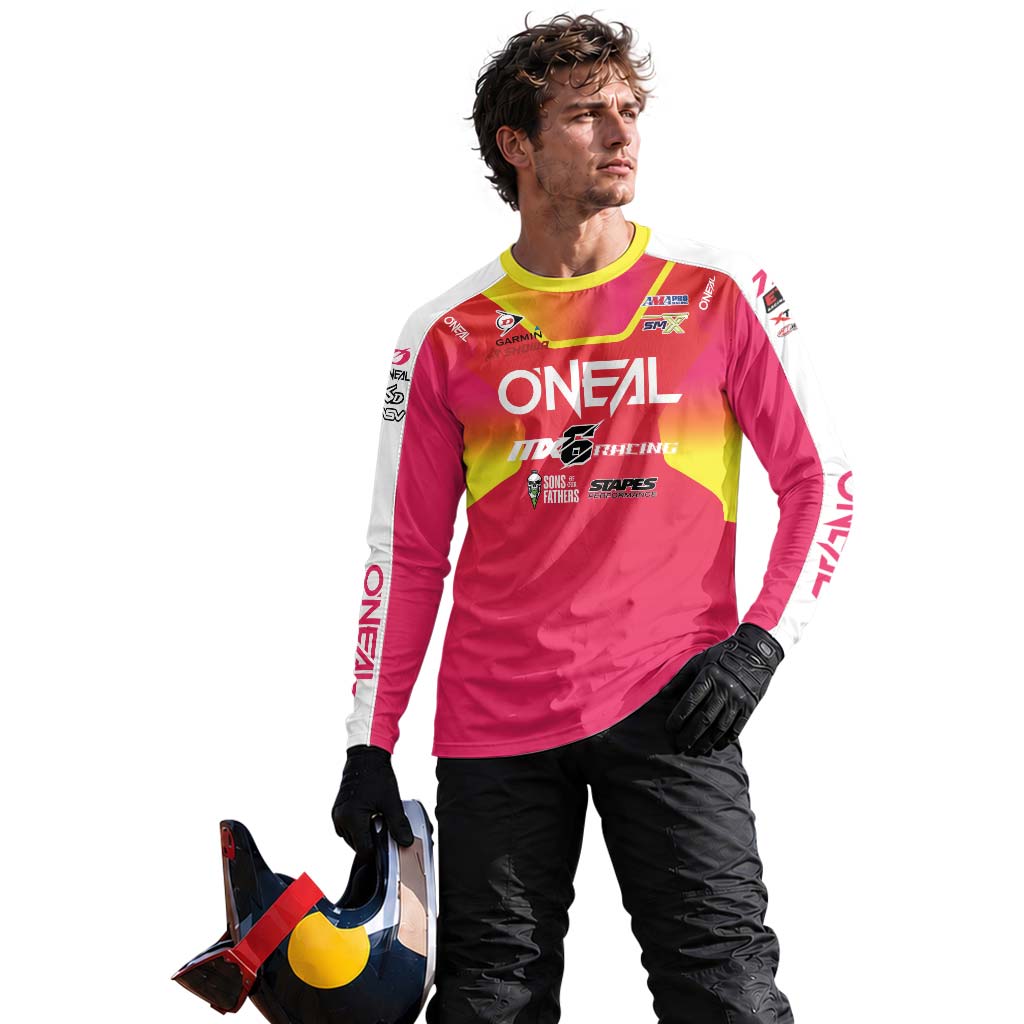 Derek Kelley #77 O'Neal MX6 Racing Red Pink Long Sleeve Motocross Jersey – Lifestyle View