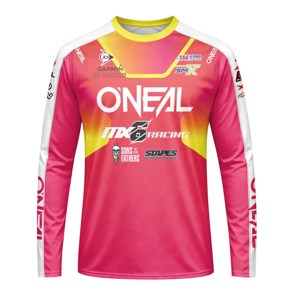 Derek Kelley #77 O'Neal MX6 Racing Red Pink Long Sleeve Motocross Jersey – Front View Mockup