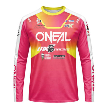 Derek Kelley #77 O'Neal MX6 Racing Red Pink Long Sleeve Motocross Jersey – Front View Mockup