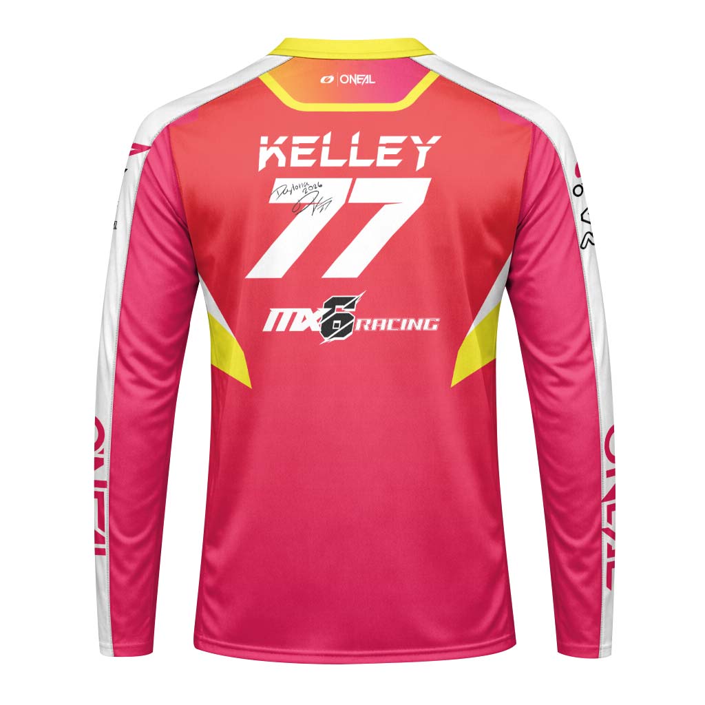 Derek Kelley #77 O'Neal MX6 Racing Red Pink Long Sleeve Motocross Jersey – Back View Mockup
