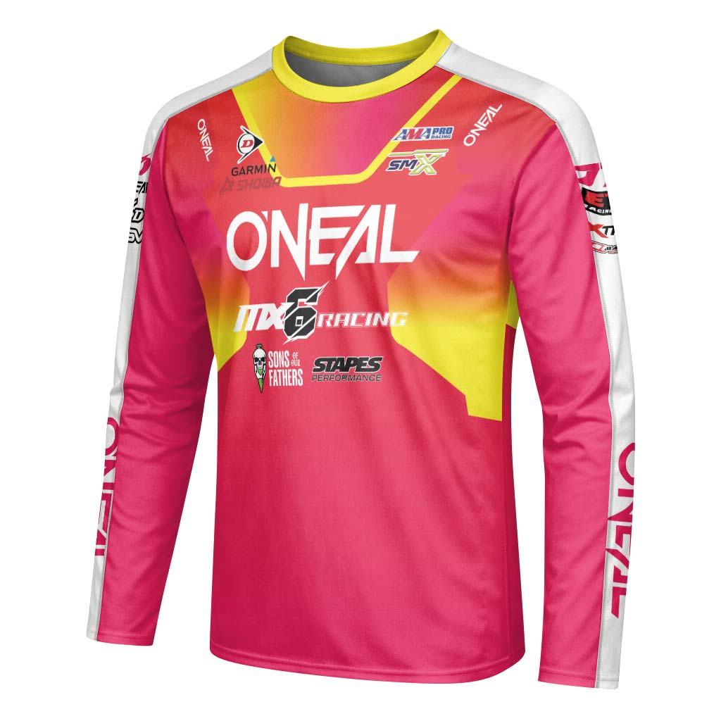 Derek Kelley #77 O'Neal MX6 Racing Red Pink Long Sleeve Motocross Jersey – Left Side View Mockup