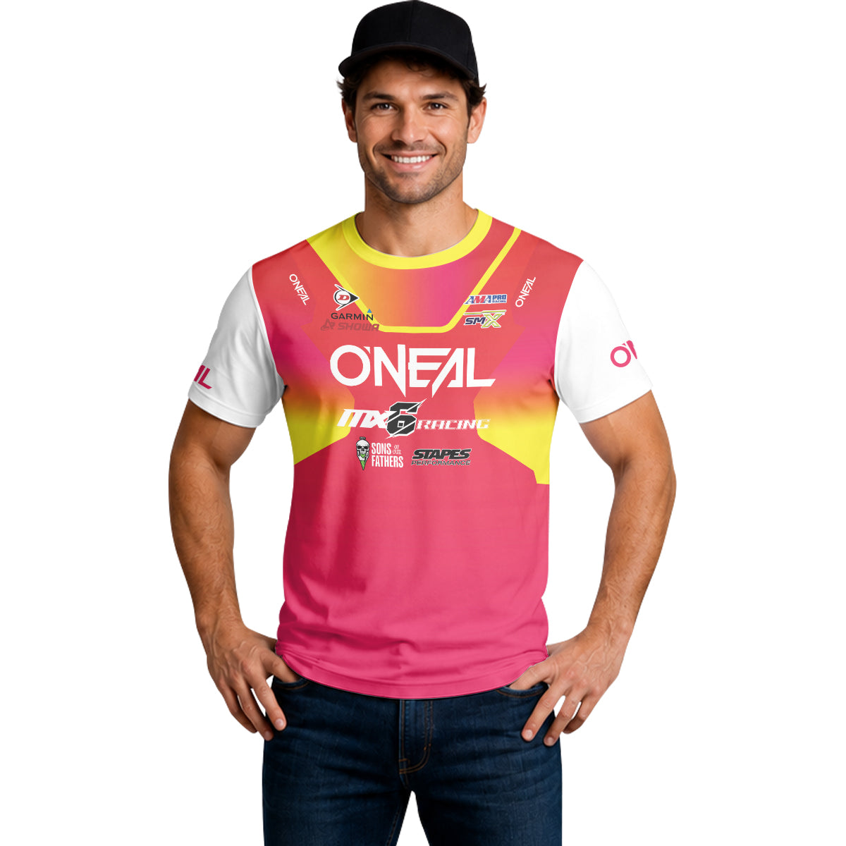 Derek Kelley #77 O'Neal MX6 Racing Red Pink Short Sleeve Motocross Jersey – Lifestyle View