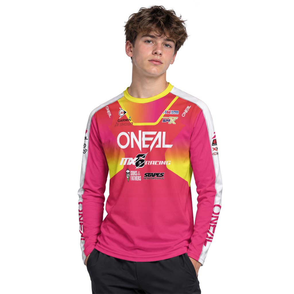 Derek Kelley #77 O'Neal MX6 Racing Red Pink Youth Long Sleeve Motocross Jersey – Boy Lifestyle View